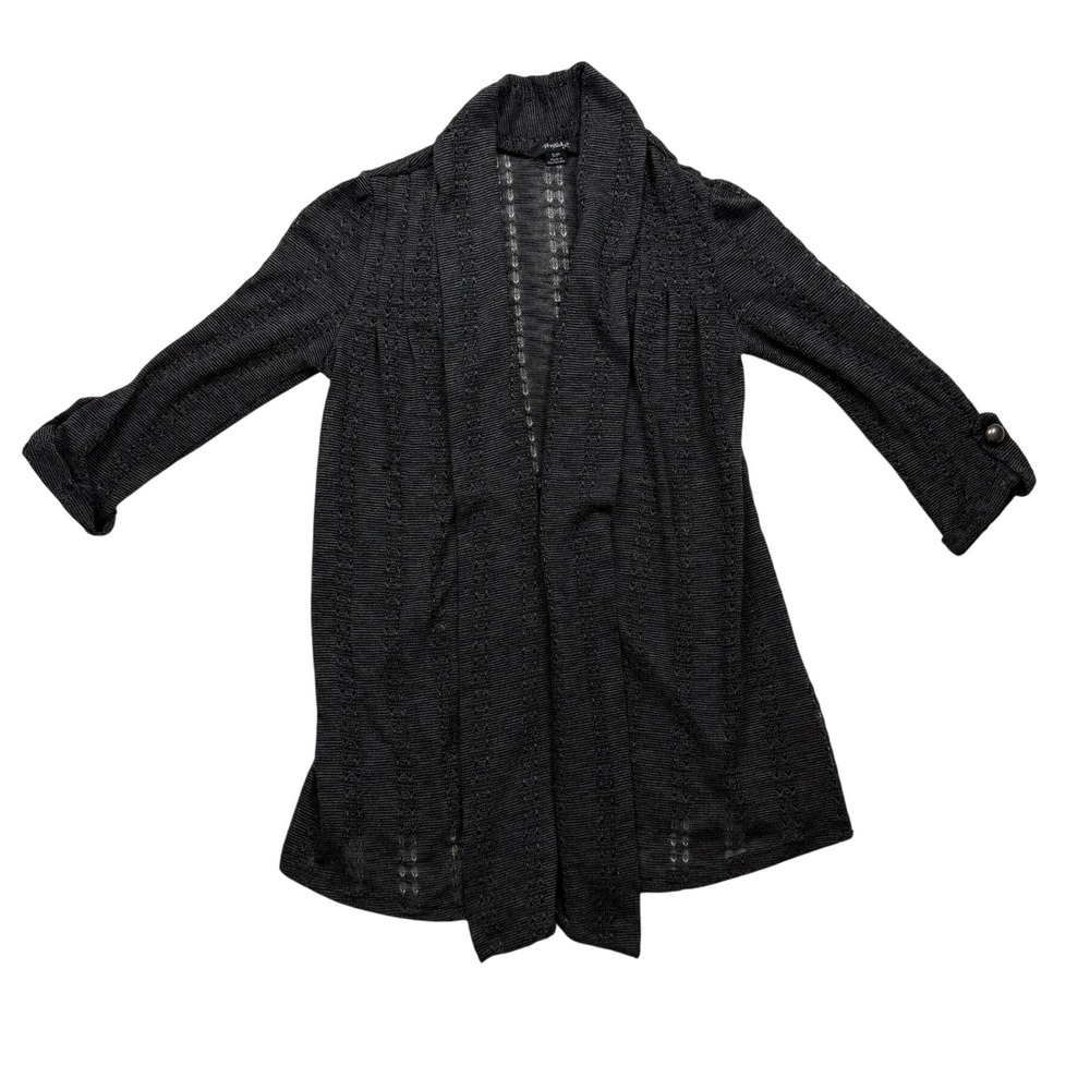 Rhapsody S/P Charcoal Gray Open Knit Longline Cardigan Pearl Button Sleeves Y2K